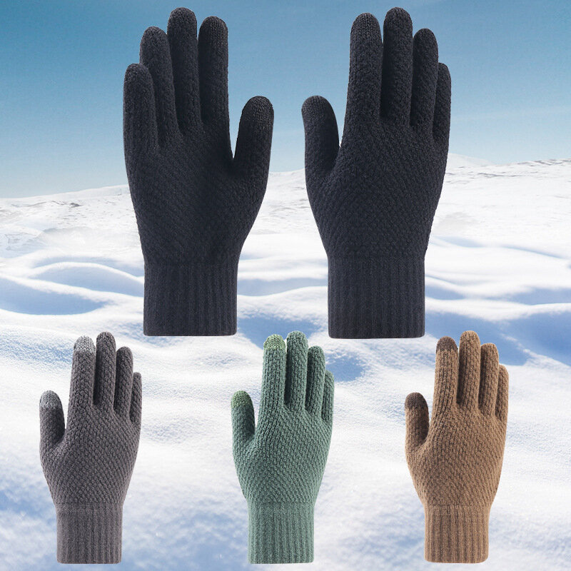 Lã de malha tela de toque luvas de inverno masculino mais veludo grosso ao ar livre à prova de frio quente luvas