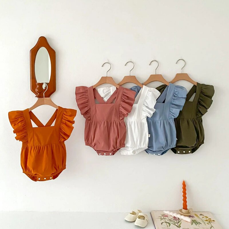 笑顔-女の赤ちゃんのためのワンピースフリルスリーブボディスーツ、新生児服、夏の衣装