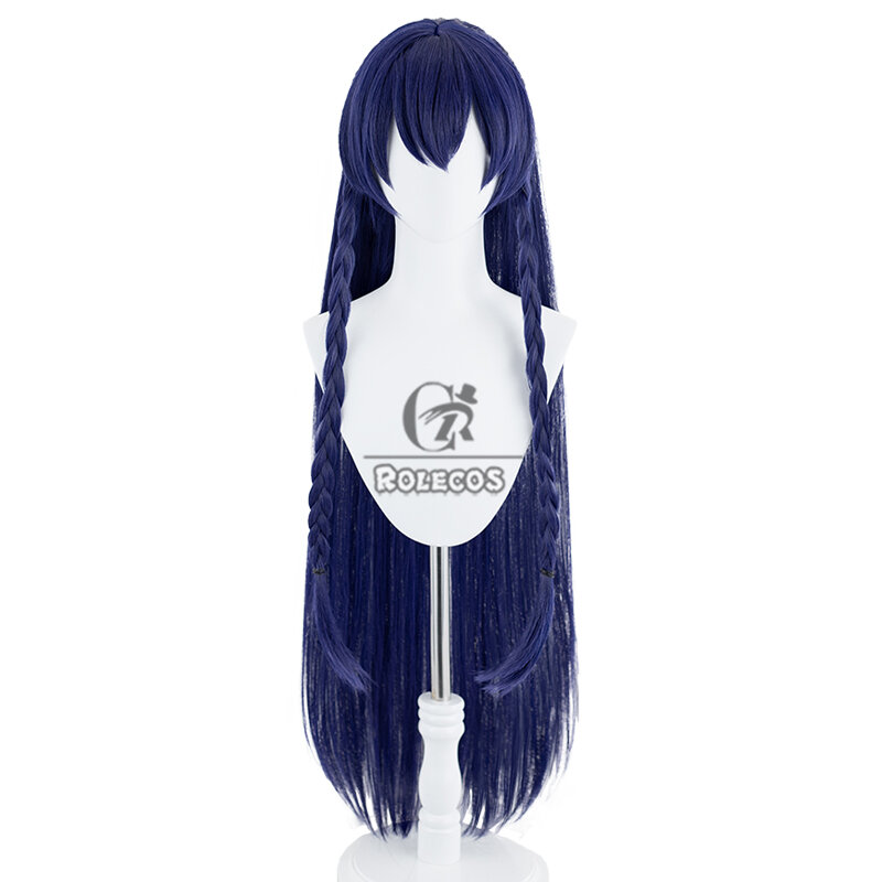 ROLECOS Wig Cosplay Irelia perjalanan abadi, Wig pesta biru gelap lurus panjang 100cm, rambut sintetis tahan panas