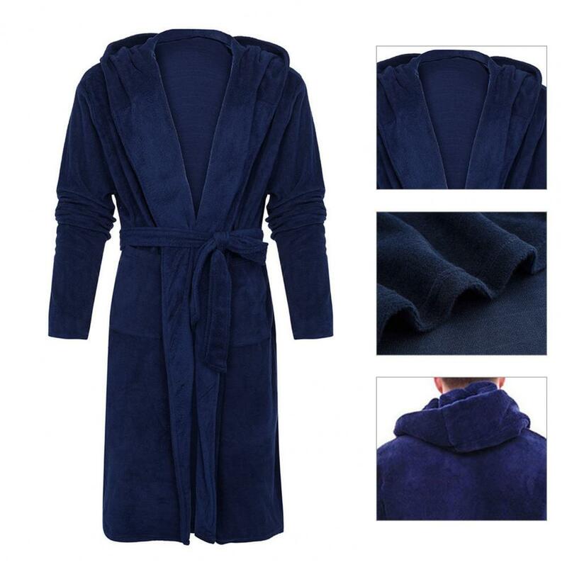 Solid Color Belt Flannel Bath Robe Hooded Pockets Warm Men Nightgown Pajamas Robe Long Thick Absorbent Terry Bath Home Clothes