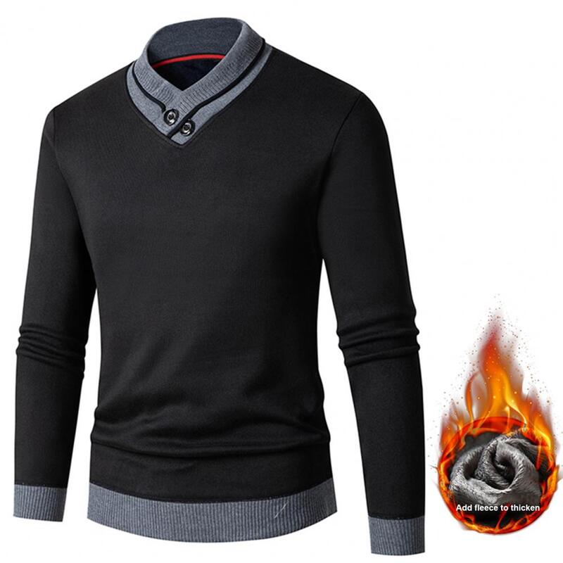 Slim Fit Sweater Men's V Neck Knitted Sweater with Contrast Color Thick Warm Pullover Slim Fit Thermal Underwear for Autumn