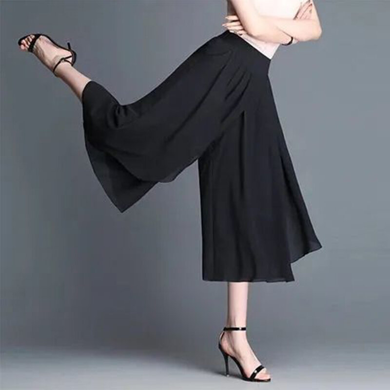 Sommer solide lose lässige Chiffon hosen Frauen hohe Taille sieben-Punkt-weite Bein hosen weibliche elegante Mode süße Dame Hose