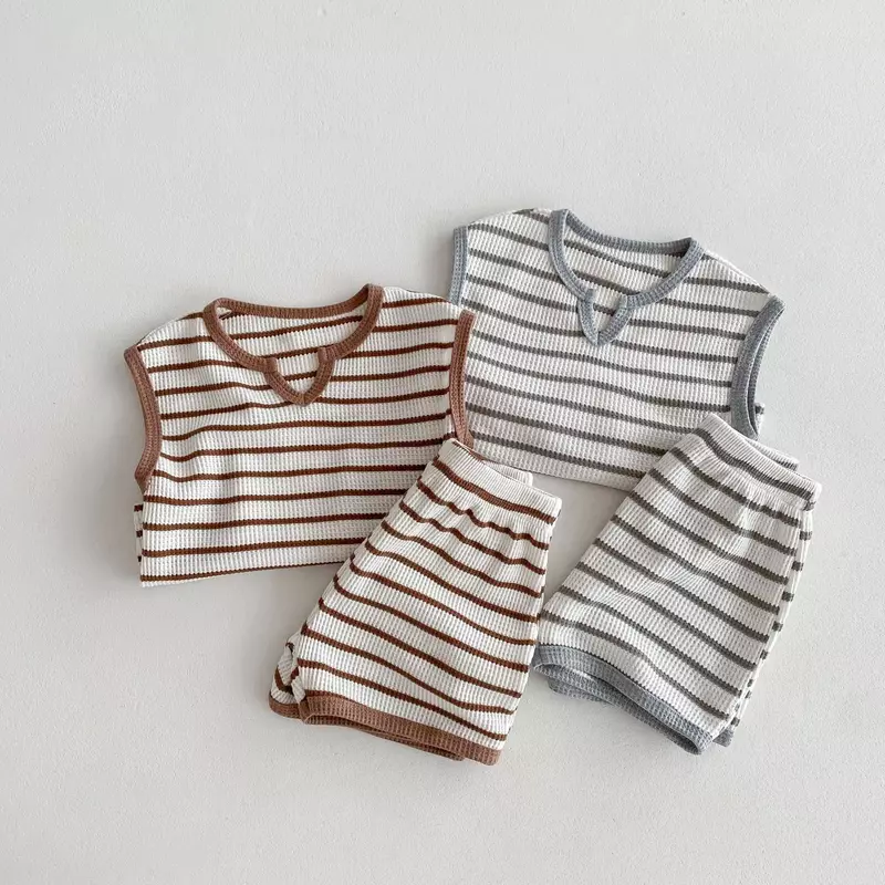 2024 Summer New Children Sleeveless Clothes Set Baby Boy Vintage Striped T Shirts + Shorts 2pcs Suit Kids Girls Pajamas Outfits