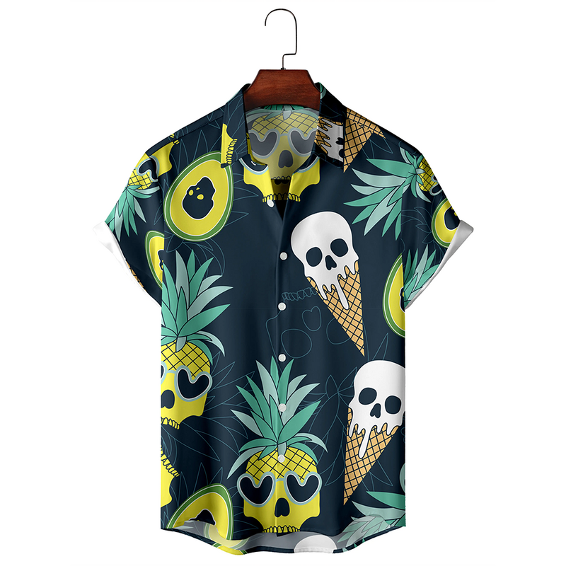 Skull Flower Print Men Women Summer Pattern Button Short Sleeve Shirt Fashion Beach Lapel Top (bằng tiếng Anh)