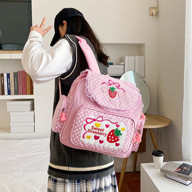 حقيبة ظهر مدرسية مطرزة بالفراولة للفتيات حقيبة مدرسية للأطفال البنات