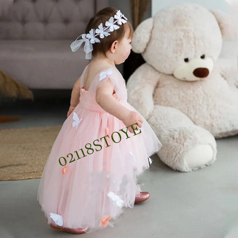 Cute Flower Girl Dress Asymmetrical length Butterflies Tulle Baby Birthday Dress Pageant Gown Wedding Customization Communion