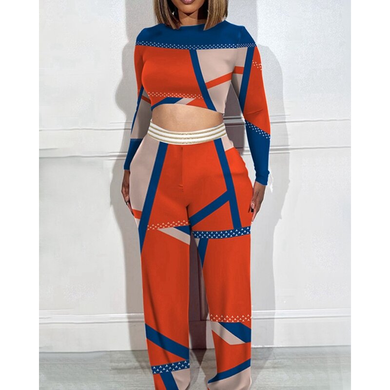 Femme Set pakaian wanita motif geometris, Set dua potong motif geometris ukuran besar, atasan crop Lengan Panjang & celana pinggang tinggi kaki lebar