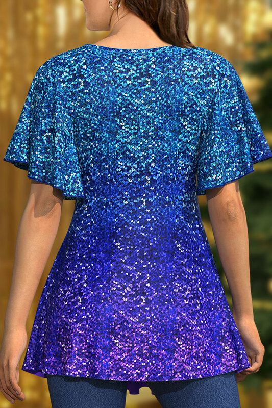 Flycurvy Plus Size boże narodzenie niebieska Ombre świecący cekin sukienka z nadrukiem bluzka