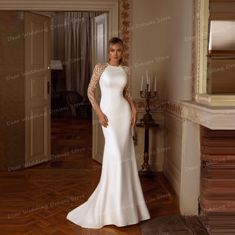 Женское атласное платье с юбкой-годе, элегантное привлекательное кружевное платье с открытой спиной и высоким воротом и длинным рукавом, платье невесты для принцессы, 2024
