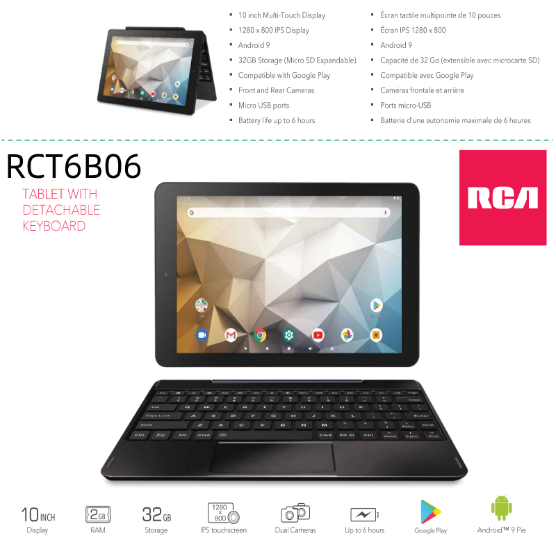 Tablette Android 10.1 de 9.0 Pouces avec Wifi, 2 Go de RAM et 32 Go de ROM, Dean RCT, Façades d'Appareil Photo, Core, Écran IPS 1280x800, Batterie 5000mAh, Offre Spéciale