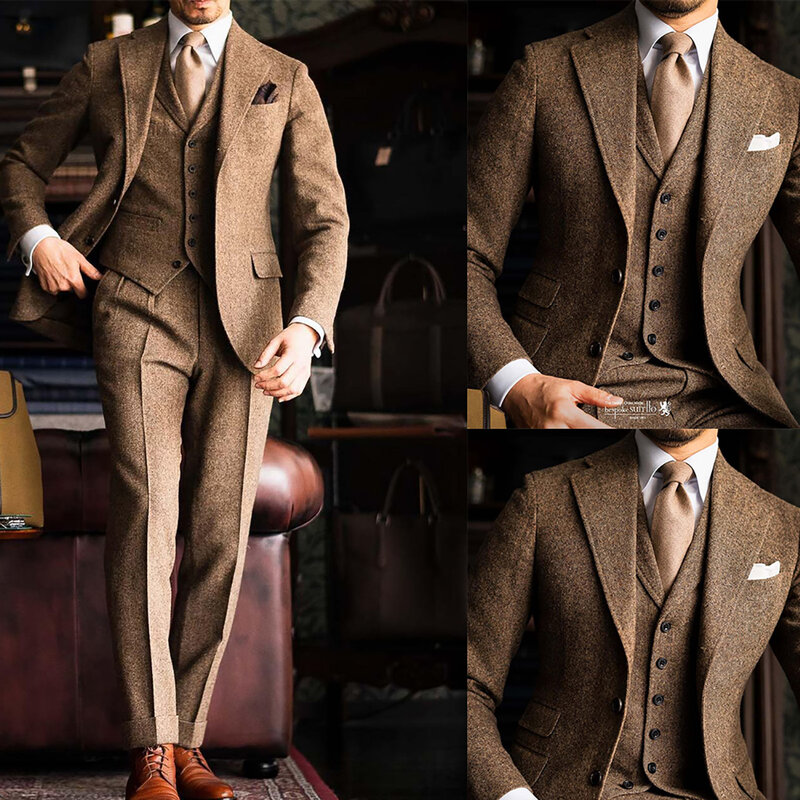 Woolen brown ternos masculinos 3 peças de negócios blazer colete calças único breasted lapela casamento noivo formal trabalho festa causal sob medida