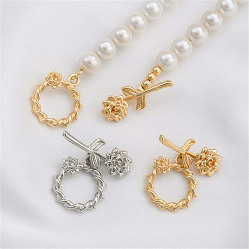 Paquete de oro de 14K, hebilla 3D Rosa OT, cadena artesanal, collar de perlas, accesorio de conexión y cierre, accesorios