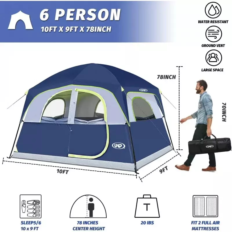 Double Layer Família Camping Tent, UNP Tendas, impermeável, Windproof, fácil configuração, 1 Mesh Door, 5 grandes janelas de malha, 6 Pessoa