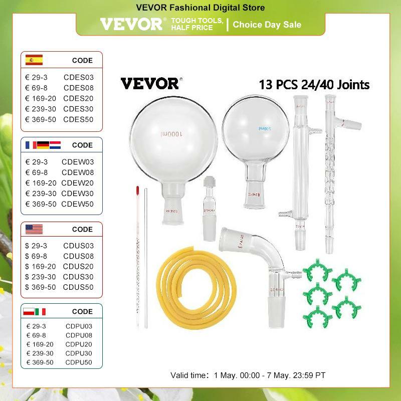 VEVOR-Kit de química de cristalería de laboratorio, destilador, 24/40 juntas, matraz, mortero y Maja, material escolar, 13/29/32 piezas