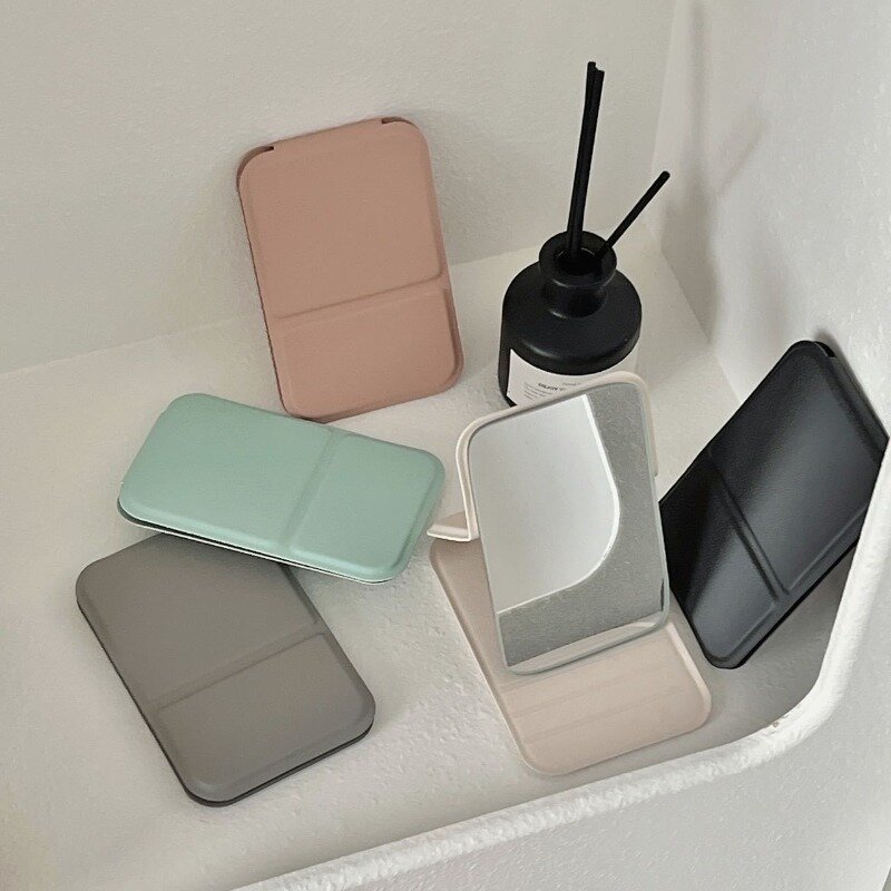 Miroir de maquillage de bureau en cuir PU solide, portable, simple, pliable, de poche, compact, mignon, pour étudiant