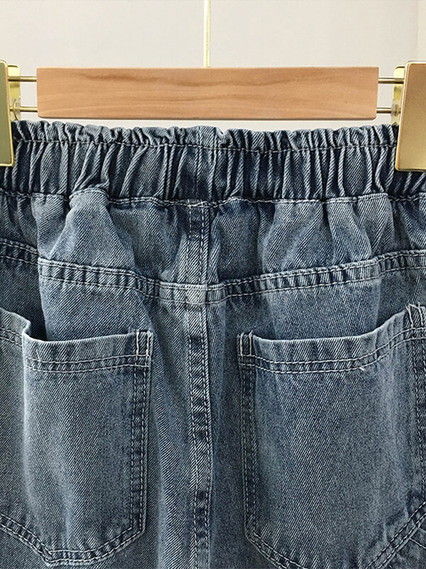 Sommer Frauen Denim Shorts blau hohe Taille Brief Stickerei elastische Taille lose gerade halbe Hose lässige Streetwear