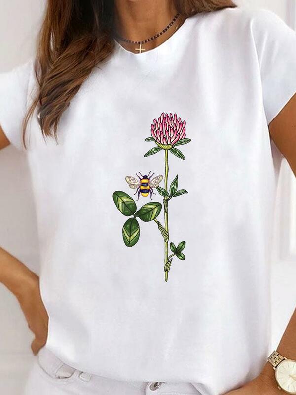 Camiseta estampada de manga corta para mujer, ropa básica de moda con estampado de flores y mariposas, camiseta estampada