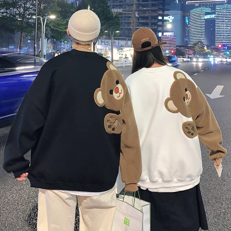 Bear Patch Hoodies Harajuku 2024 Spring New Korea Exercises Cute Crew Neck Parent Child Clothing Couple Streetwear Unisex Tops