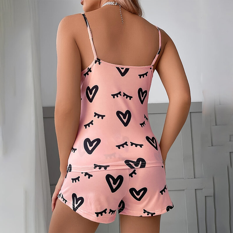 Lingerie seksi motif cinta mode wanita 2 potong baju tidur atasan celana pendek piyama Set nyaman sejuk pakaian tidur intim Musim Panas