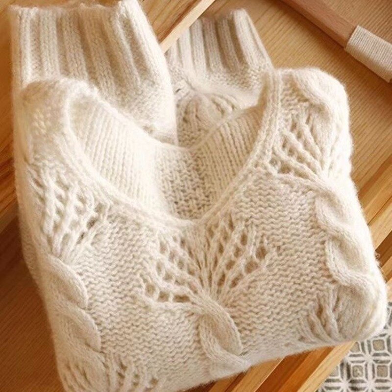 Swetry damskie delikatne szykowne swetry z wycięciami jesienno-zimowe luźne Vintage estetyczne bluzki z dzianiny stylowe urocze na co dzień w stylu Basic z college'u