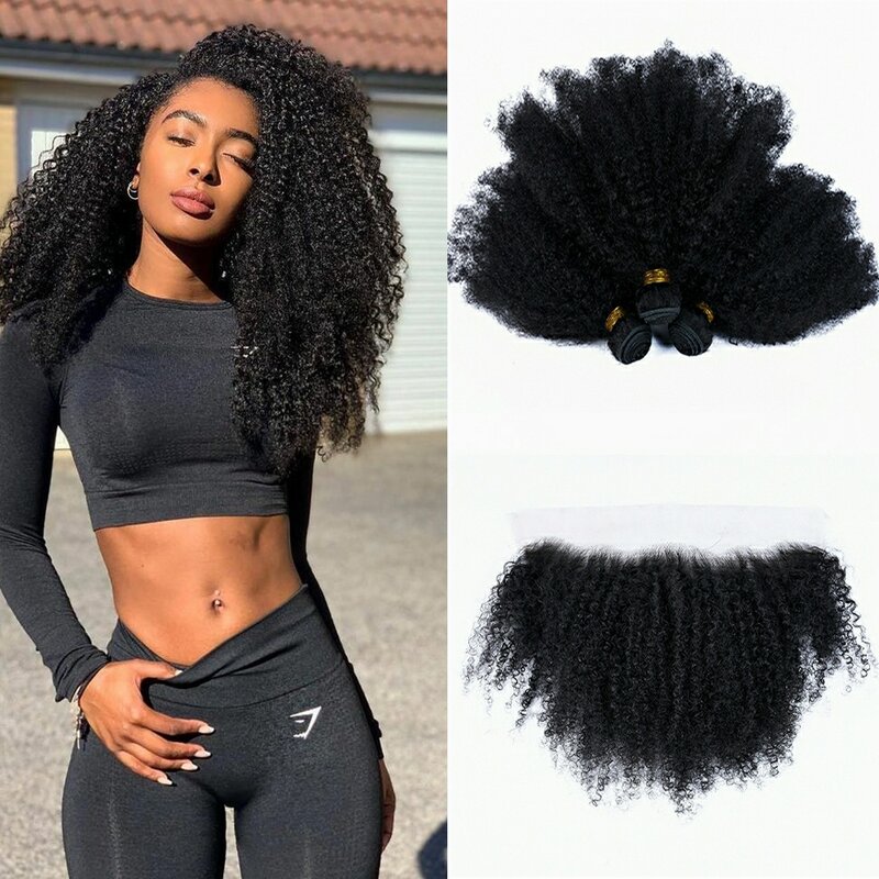 Luxediva Mongolian Afro Kinky Curly Human Hair Bundles With 13x4 Lace Frontal Closure 4B 4C Extension Weave Virgin Hair Remy