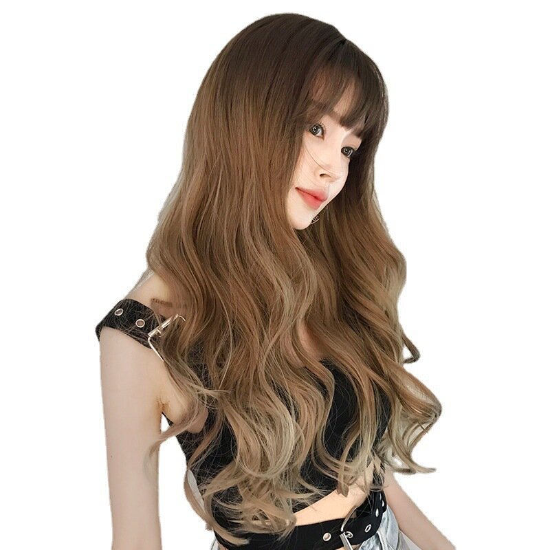 Peluca de pelo largo y ondulado para mujer, cabellera artificial de estilo Lolita con flequillo de aire sintético de 26 pulgadas, pelo rizado Natural a la moda, sin pegamento, ideal para Cosplay