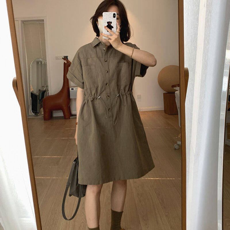 Fashion Lapel Button Pockets Solid Color Shirring Casual Dress Female Clothing 2024 Summer New Loose Korean Short Sleeve Dress