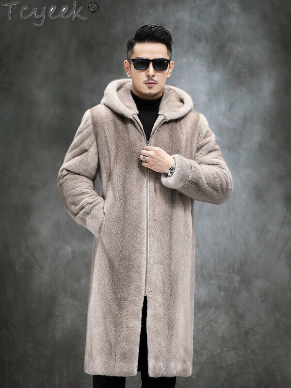 Tcyeek-abrigo largo de piel de visón con capucha para hombre, chaqueta cálida de piel Real, ropa informal de moda, abrigos de alta calidad, Invierno