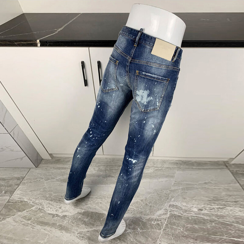 High Street Fashion pria Jeans Retro biru melar elastis Slim Fit robek Jeans Pria dilukis desainer Hip Hop celana merek Hombre