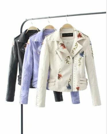 Jaqueta de couro falso retrô feminina, estampa floral, bordado, falso, gola de virada para baixo, punk, moto motociclista, preto, macio, Casacos, novo
