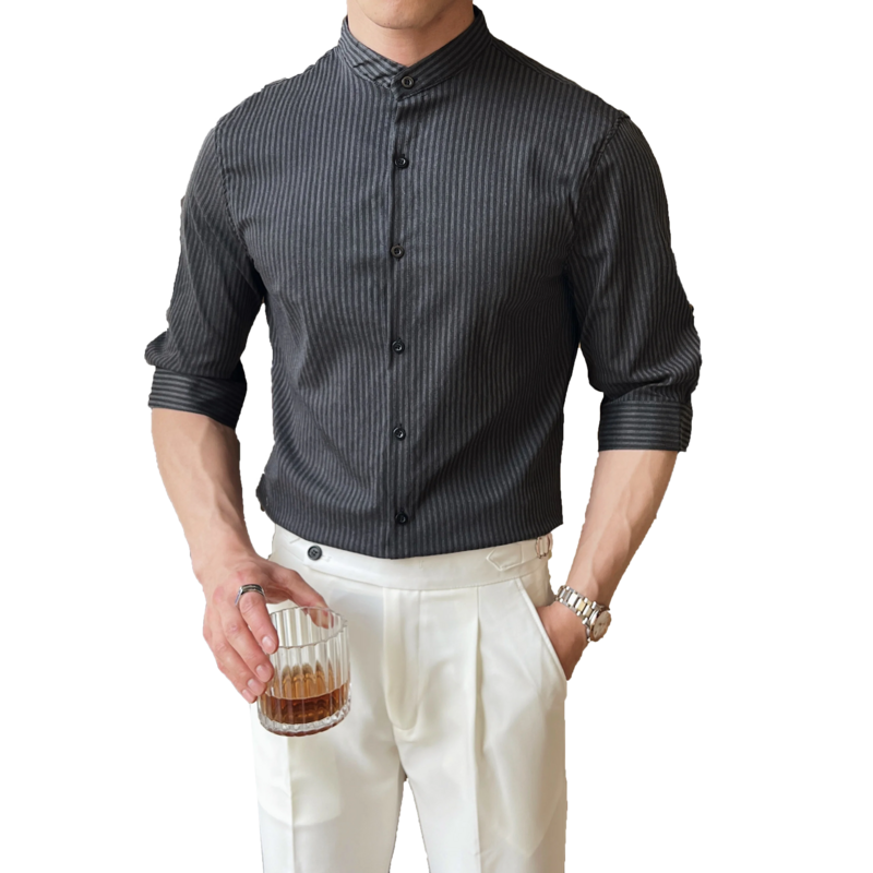 Chemise rayée à manches à sept points pour hommes, chemise habillée slim fit à col montant, chemise formelle d'affaires, été, 2024, haute qualité