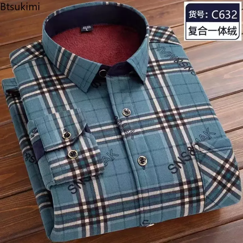 2024 Men's Winter Casual Warm Plaid Shirts Long Sleeve Thick Fleece Oversized Dress Shirts Male Club Party Evening Shirts Male