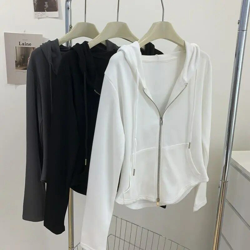 Sudaderas con capucha para mujer, ropa de calle delgada, moda Harajuku, combina con todo, Simple, manga larga, suave, ocio, diseño con cremallera