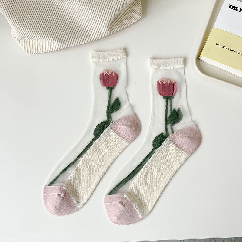Летние новые носки Kave, женские тонкие Японские шелковые носки со стеклянными цветами, модные чулки в стиле Ins с карточками, Прямая поставка