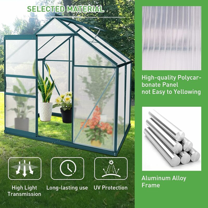 Estufa de policarbonato walk-in com porta deslizante, janela de ventilação, calha de chuva para exterior, kit de estufa pesado de alumínio
