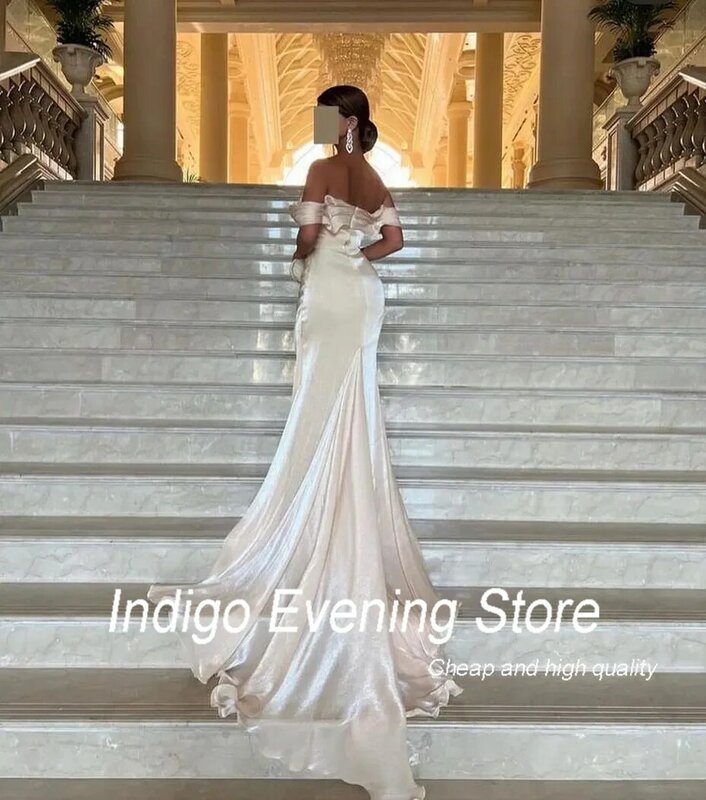 Gaun Prom Indigo gaun malam Formal Satin berkilau panjang selantai bahu terbuka untuk wanita 2024 pakaian gaun noche