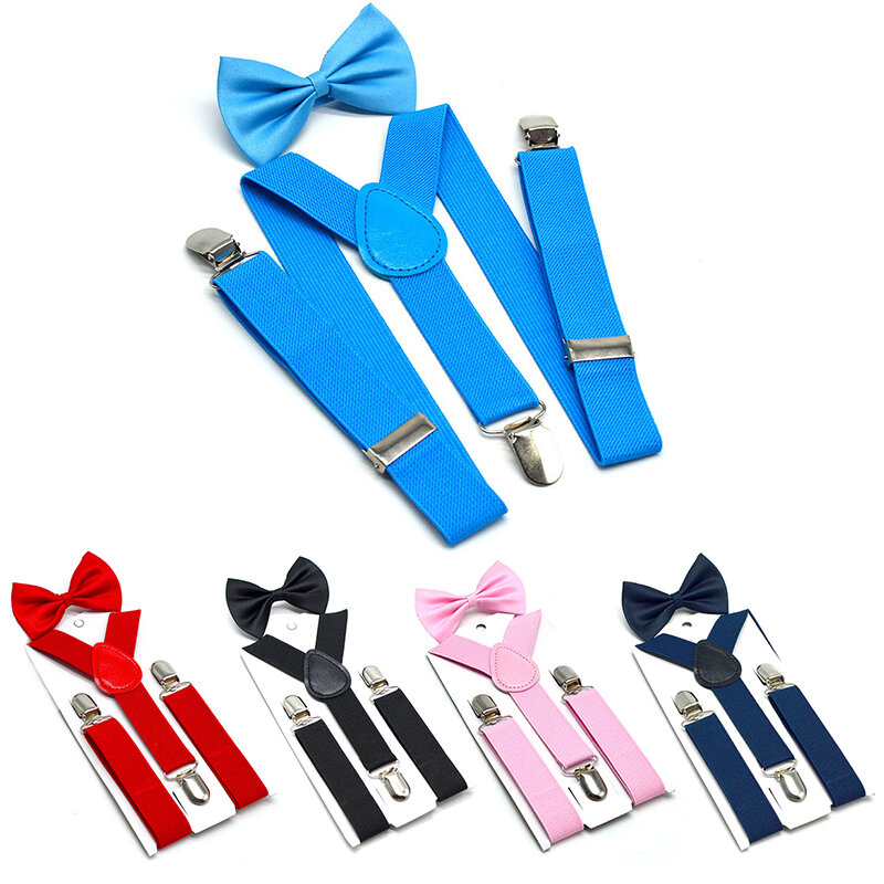 Soild Color Children Belt Bowtie Set Boys Girls Suspenders Clip-on Y-Back Braces Bow Tie Elastic Kids Adjustable
