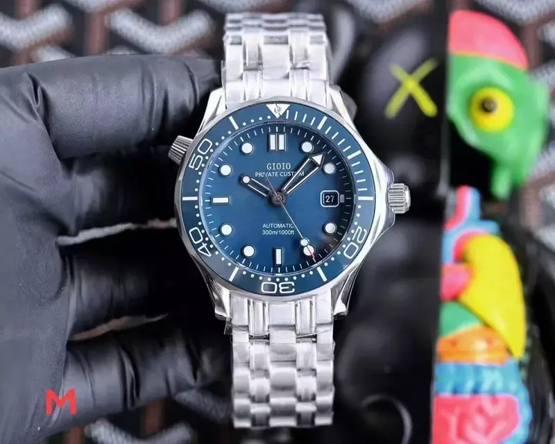 Relógio mecânico automático de luxo masculino, luminoso, preto, azul, cerâmica, moldura, calendário