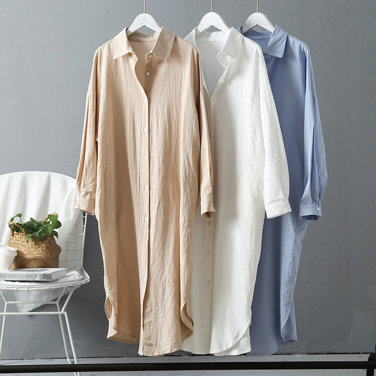 Midden-lengte katoenen linnen shirt voor vrouwen, losse casual top, Koreaanse versie, zon proof shirt, nieuwe jas