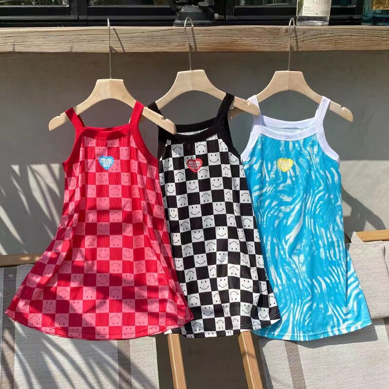 Baby Girls One-piece Dress 2024 Summer Grid Printed Costume Kids Sleveless Beach Dresses Children's Outfits Princess Clothing