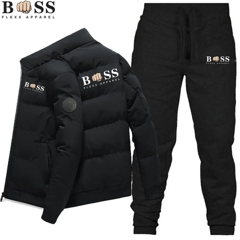 2023 Fashion Winter Korean Edition Men's Fashion Warm New Windproof High Quality Polyester Zipper Jacket and Trouser 2-Piece Se