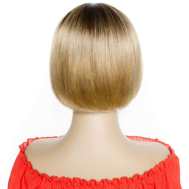 باروكة شعر ريمي برازيلية طبيعية مع هامش ، شعر قصير ناعم ، أشقر عسلي ، مظلل ، كامل