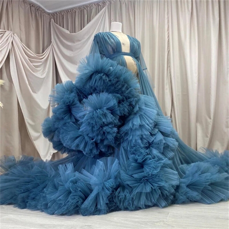 Puffy Ruffled Maternity Tulle Robes Any Color Custom Made Long Sleeves Big Rulffles Pregnancy Photo Shoot Dresses
