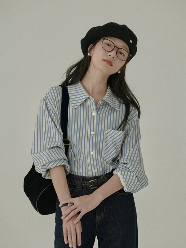 Chemise rayée à manches longues pour femmes, chemises décontractées pour femmes, style paresseux, mode coréenne, printemps, nouveau, 2024