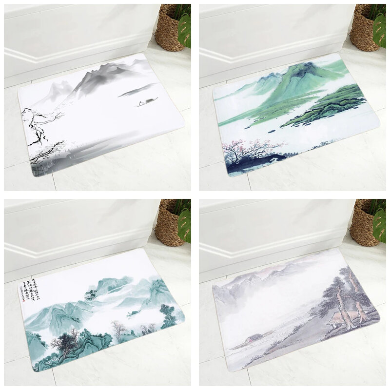 Chinese Style Ink Painting Carpet Mountain Landscape Area Rug For Bathroom Bedroom Playroom Backyard Decor Non Slip Door Mat