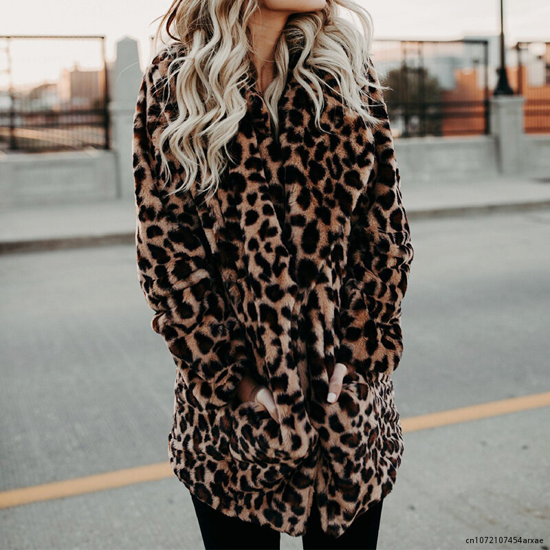 Luxury Faux Fur Coat Women New Winter Fashion Leopard Print Outerwear Warm Long Sleeve Artificial Fur Jacket Plush Clothing