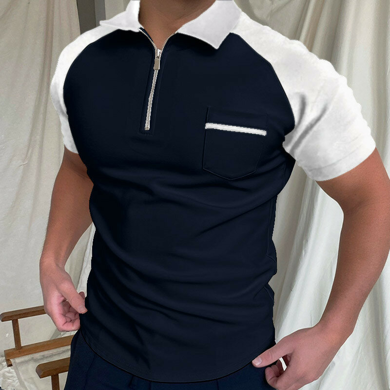 Рубашка-поло мужская с короткими рукавами, Повседневная приталенная блузка на молнии, с карманами, с защитой от пиллинга, лето