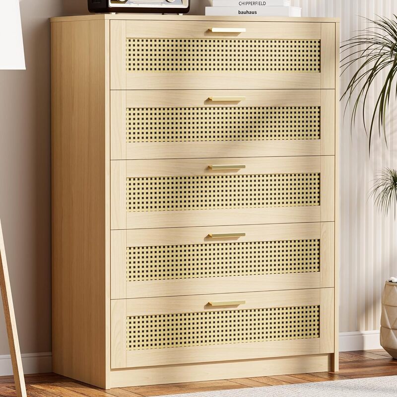 Rattan Dresser 5 Drawer, Boho Wood Dresser for Bedroom, Modern Chest of Drawers with Metal Handles(Black,Oak,White)