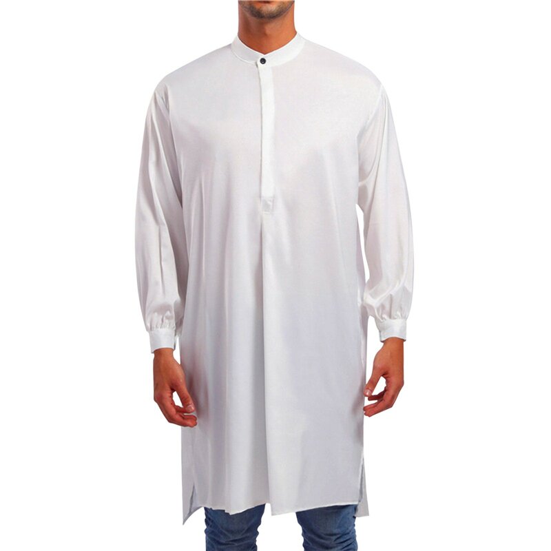 Camisola masculina de algodão manga longa, roupão de sono de cor sólida, botão com o pescoço, roupões de lazer, Eid Homewear, homens muçulmanos, 2024