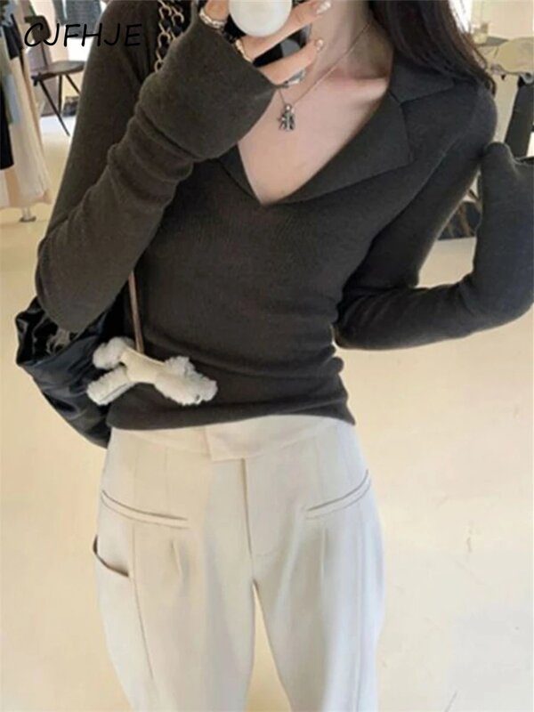 CJFHJE Sweater rajutan Mode Korea, atasan Sweater kasual leher Polo lembut lengan panjang warna polos musim gugur